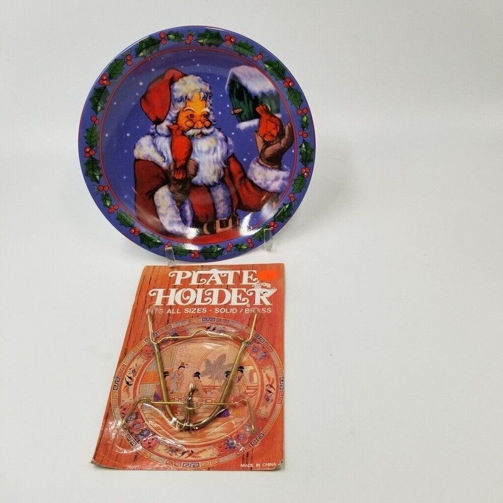 Christmas Santa Plate 8" Decorative Wall Hanger Solid Brass Holder Lot 2
